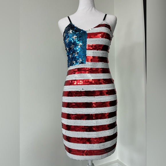 USA American Flag Patriotic Sequin Dress- Spaghetti Strap Sleeveless- XS - NWT - Picture 8 of 8